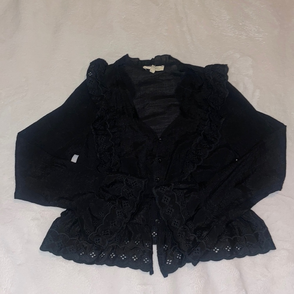 Rebellion Eyelet Belle Sleeve Button Top | Color: Black | Size: L